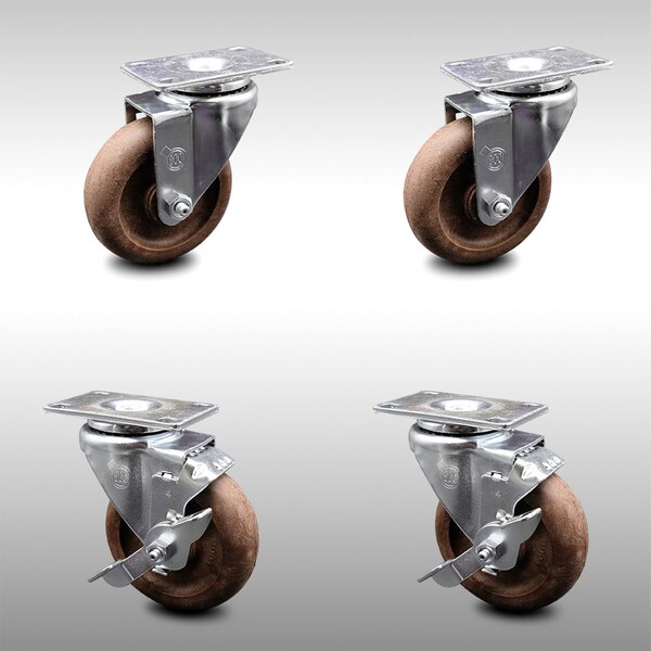 4 Inch SS High Temp Glass Filled Nylon Swivel Top Plate Caster Set with 2 Brakes